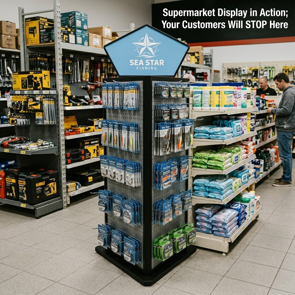 Wholesale Custom 3 Side Metal Fishing Gear Tool Display Stand Floor Standing Tool Rack with Hooks for Retail Hardware Store Shop — view 2