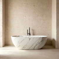 Baignoire autoportante en résine de pierre gris-blanc veinée marbre, ovale, avec robinet au sol, pour villa et hôtel