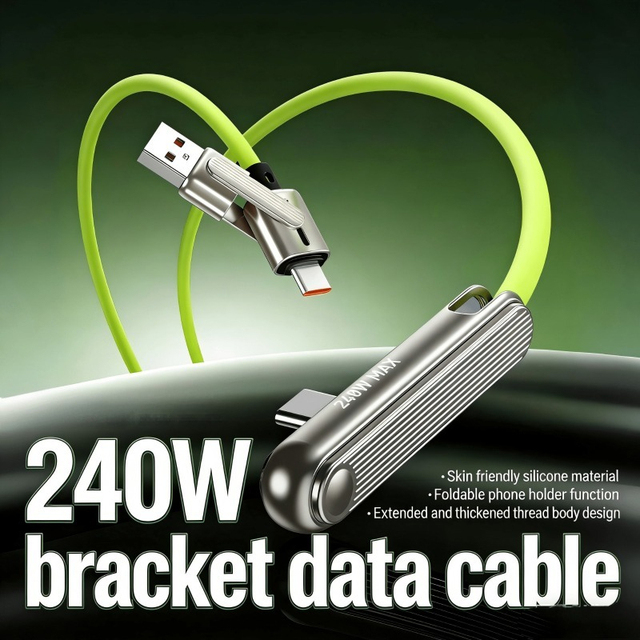 240W 2-in-1 Bracket Charger Cord Cable with Foldable Phone Holder Stand, Fast Charging Data Cable with USB a Adapter