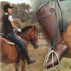 Bottes de chevalier pour femmes personnalisées en usine chaussures d'équitation rétro sur le genou bottes équestres à talons bas