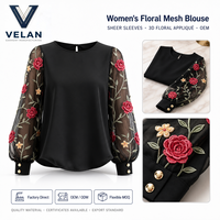 Chemisiers pour femmes VELAN Fashion Printemps Automne Fleurs Tissu polyester Dentelle Chemise à manches longues pour femmes