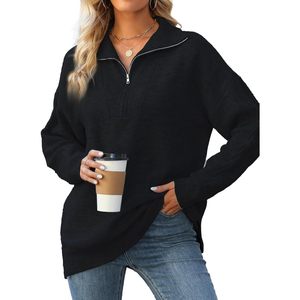 Suéter de mujer con cremallera de un cuarto, cuello alto, manga larga, suave y holgado, informal de otoño con abertura - Product Image 1