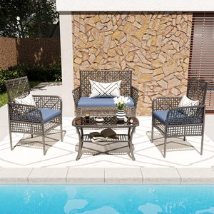 Modern Openwork Wicker Furniture Set with Removable Washable <b>Cushions</b> and Two-Tier Table for Outdoor Living Space - Product Image 6