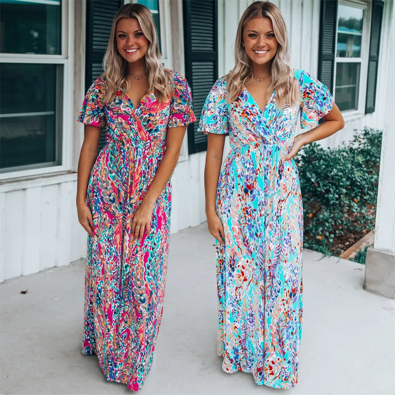 Hot Sale 2023 Summer Boho Clothes Floral Print Bohemian Chiffon Maxi Dresses Women Wholesale