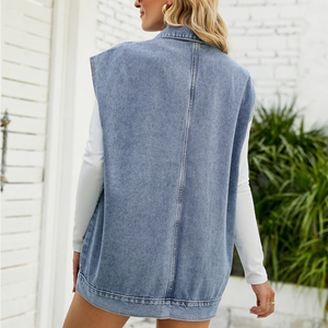 <span class=keywords><strong>Veste</strong></span> <span class=keywords><strong>en</strong></span> <span class=keywords><strong>jean</strong></span> longue coupe ample <span class=keywords><strong>sans</strong></span> manches avec boutons pour femmes, nouvelle collection 2023 - Product Image 4