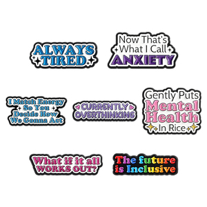 Spille in Smalto 'SEMPRE STANCHE' per la Salute Mentale, 'ATTUALMENTE PRESENTEMENTE PREMUTATE' sulla Futura, Spille Inclusive, Badge per Zaino e Bavero, Gioielli Regalo - Product Image 1