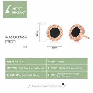 Pendientes de acrílico con números romanos, acero inoxidable, chapado al vacío en oro de 14 quilates, oro rosa, negro, 8 mm - Product Image 2