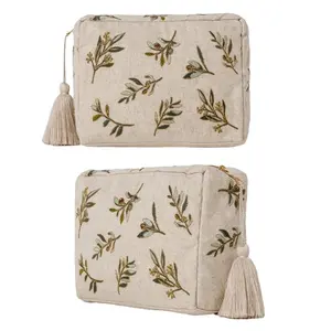 Simple and classical embroidery pattern canvas makeup pouches sizeable Anti-Static cosmetic kit well-to-do vanity bag