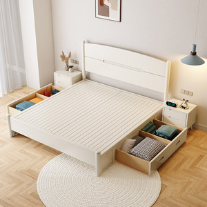 Lit en bois massif couleur crème, style minimaliste nordique, 1,5m/1,8m, avec coffre de rangement, pour adultes et personnes âgées - Product Image 3