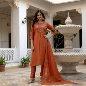 Rust Orange <b>Women</b> <b>Kurta</b> Set With Embroidered Dupatta And Straight Pants Traditional Indian Ethnic Wear - Product Image 1