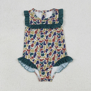 Maillot de bain une pièce pour bébés filles, mignon, à manches courtes, imprimé camouflage, à volants, vêtements de plage - Product Image 3