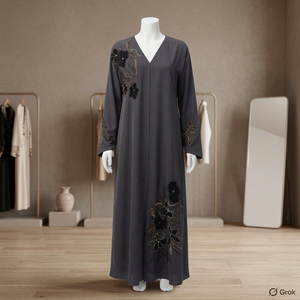 Abaya élégante en organza gris anthracite brodée de fleurs - Product Image 3