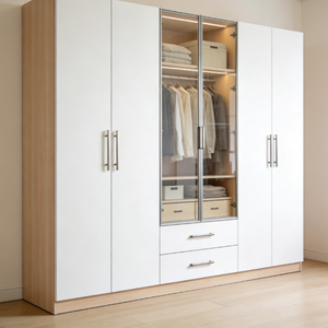 Armadio Moderno Senza Maniglie, Design Elegante in Bianco Crema e Finitura Legno, con Unità Guardaroba Integrata e Scaffalature - Product Image 3
