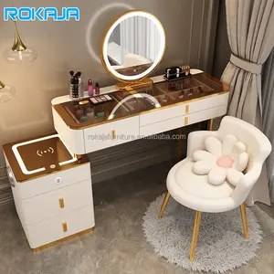 שולחן איפור מודרני בסגנון חדר שינה שולחן איפור זהב לבן עם כיסא מראה שידה עם רסט חכם