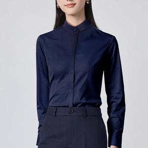 Chemise professionnelle pour femme, nouvelle collection printemps-automne, col montant, boutons cachés, manches longues, couleur unie, tendance - Product Image 3