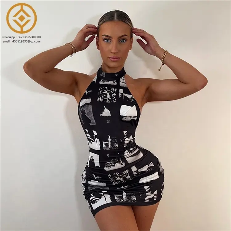 Mùa hè của phụ nữ thời trang mới treo cổ backless sexy gia vị cô gái Slim-fit Túi mông Ăn mặc