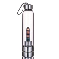 Bouteille d'eau potable en verre borosilicate transparent avec couvercle hermétique en acier inoxydable, avec cristal de guérison énergétique à l'intérieur, vente en gros