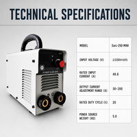 Poste à souder numérique manuel à arc métallique DC Inverter IGBT 200/250A AC/DC Mini pour soudage à l'arc