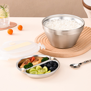 304 stainless steel <b>round</b> double-layer lunch <b>box</b>, with compartments to prevent flavor mixing, includes spoon and chopsticks. - Product Image 2