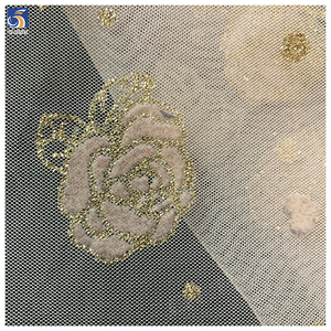 La última tela de tul llamativa, tela de malla flocada con flores rosas brillantes doradas y negras, tul de 5 yardas de alta calidad - Product Image 6