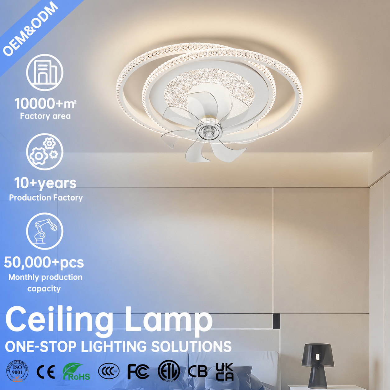 Modern Crystal Ceiling Fan with Light Flush Mount LED Ceiling Light Invisible Ceiling Fan Lamp for Bedroom Living Room OEM ODM