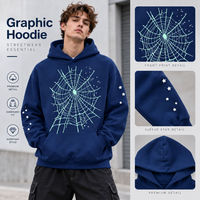 Sweat à capuche unisexe surdimensionné 350 GSM en mélange de coton, logo personnalisé, vente en gros, pull-over imprimé motif toile d'araignée et étoile, streetwear