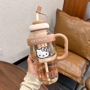 Bouteille d'eau en plastique marron de 1300 ml sans BPA, anti-fuite, avec paille et poignée, motif amusant grands yeux, idéale pour l'école et les cadeaux d'été - Product Image 6