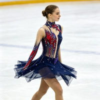 Costume de patinage artistique bleu marine et rouge, maille à manches longues, col montant, dos ouvert, robe ornée de strass pour enfants et filles, scène