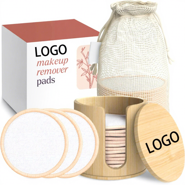 Custom Logo Reusable Cotton Rounds for Face Soft Reusable Makeup Remover Pads with Washable Drawstring Laundry Bag/Bamboo Holder