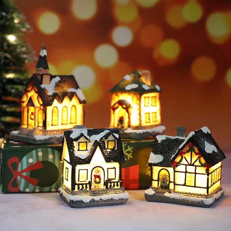 Miniatur rumah dekorasi Natal, lampu Led Cahaya natal ornamen Resin kecil Mini rumah miniatur bangunan desa untuk rumah anak-anak hadiah