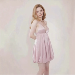 Vestido Casual Rosa con Tirantes Finos, Cintura Elástica, Color Sólido, para Uso Diario, Tela de Poliéster WT2252 - Product Image 1