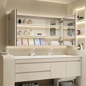 Mueble de Baño Moderno Blanco |   Diseño de Pared + Superficie de Mármol |   Gabinete de Almacenamiento con Espejo e Iluminación LED - Product Image 2