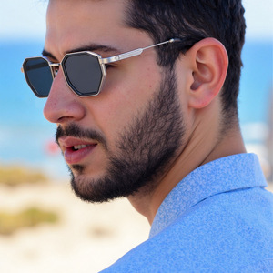 Lunettes de soleil polygonales HJ-7330 pour hommes, monture en métal, protection UV400, classe 2, pare-soleil, monture noire, verres en PC - Product Image 5