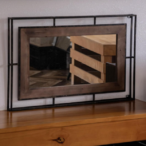 Rustic <strong>Industrial</strong> <strong>Wall</strong> <strong>Mirror</strong> with Wooden Inner Frame and Black Metal Grid Outer Frame for Farmhouse and Loft Decoration - Product Image 3