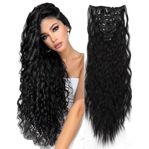 Extensions de cheveux longs bouclés de luxe, lot de 7 pièces, cheveux synthétiques ondulés effet eau pour femmes, matériau résistant à la chaleur - Product Image 2