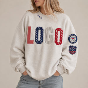 Sweat-shirt surdimensionné personnalisé OEM pour femme, col rond, style vintage, blocs de couleur, rayures, écusson étoile brodé, badge sur le bras, pull-over - Product Image 1