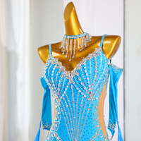 Robe de Danse de Salon Professionnelle pour Femme, Modèle Adulte, Bleue, pour Compétition, avec Manches Transparentes et Jupe Drapée, pour Valse, Tango, Foxtrot et Danse Latine