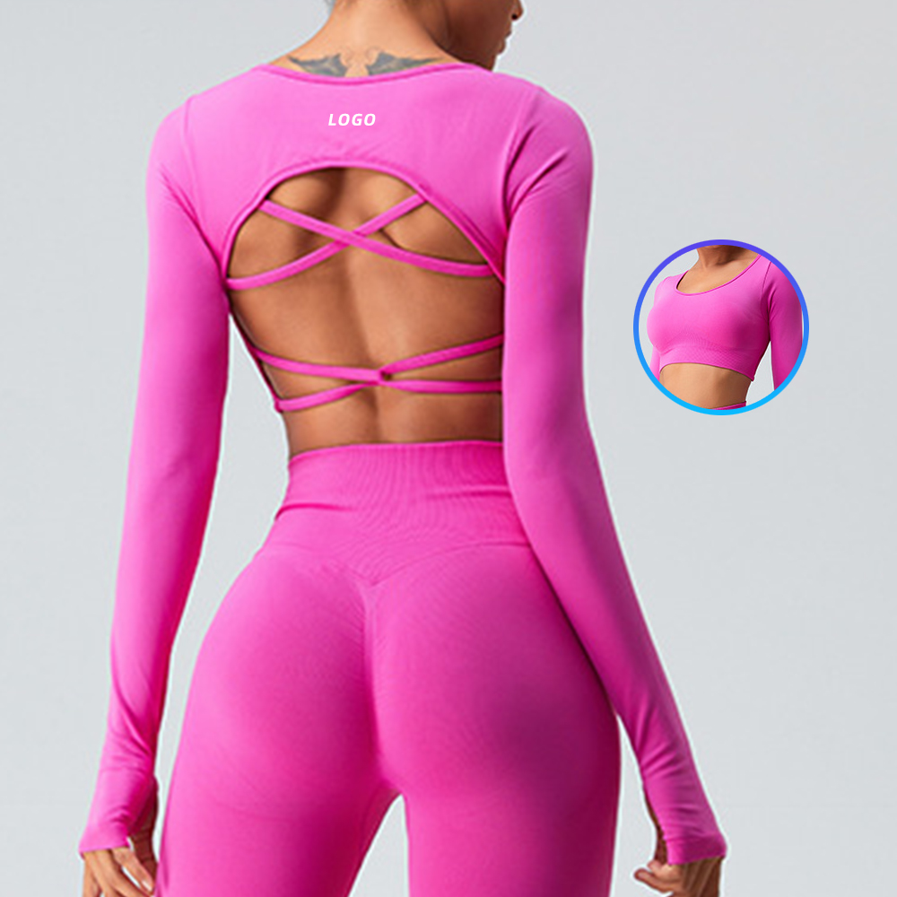 2023 Fall Women Yoga Shirt Backless Comfortable Quick Dry Breast Pleated Fitness Workout Long Sleeve Shirt
