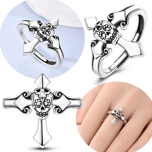 MULA Original 925 Sterling Silver Open Ring Adjustable Size Cross Skull for Women Men Jewelry Gift GDTC Certified