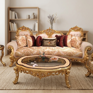 Juego de Sofá Seccional de 3 Plazas de Madera de Teca Sólida Hecho a Mano con Mesa a Juego, Muebles de Sala de Estar de Lujo en Oro Antiguo - Product Image 4