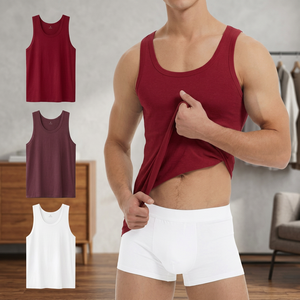 Men's Solid Color Cotton Tank <b>Top</b> O-Neck Knitted Breathable Casual Vest Red White <b>Maroon</b> - Product Image 2