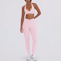 Ensemble 2 pièces de yoga et fitness personnalisé avec LOGO – Soutien-gorge rembourré en V et leggings push-up pour femme, style licou, idéal pour la course à pied