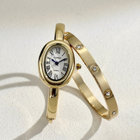 Ensemble de 2 montres-bracelets dorées pour femmes, cadran ovale avec chiffres romains, montre à quartz élégante et raffinée pour femmes PRO20