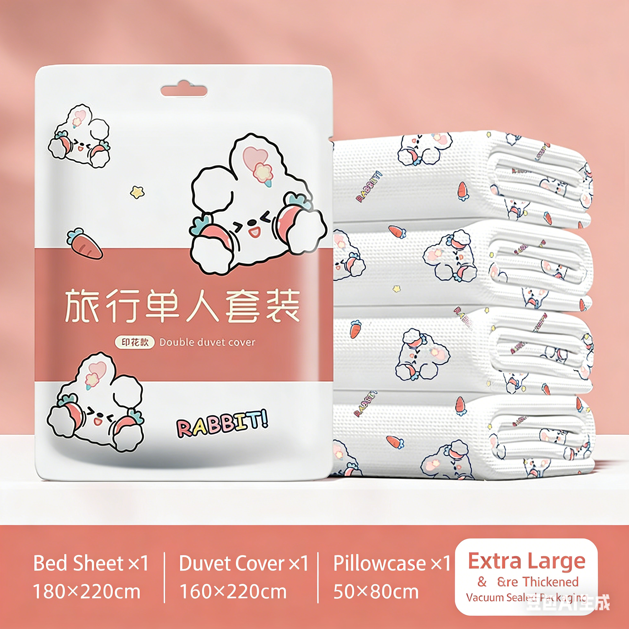 Ensemble de literie de voyage jetable imprimé lapin rose, 3 pièces