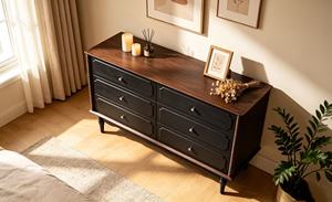 Vintage Black <b>6</b>-<b>Drawer</b> Dresser, Farmhouse Chest with Bobbin Details & White Knobs - Product Image 6