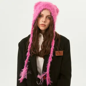 Women Acrylic Knit Multi Color Faux Mink Fur Long Hair Hat with Long Strings