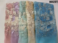 Tissu en dentelle perlée florale 3D bleu clair, dentelle brodée en tulle pour robe de mariée ou de soirée au Ghana
