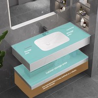 Ensemble de meuble-lavabo mural en dalles de pierre double couche sans joint, avec lavabo en céramique tout-en-un et surface solide au design minimaliste