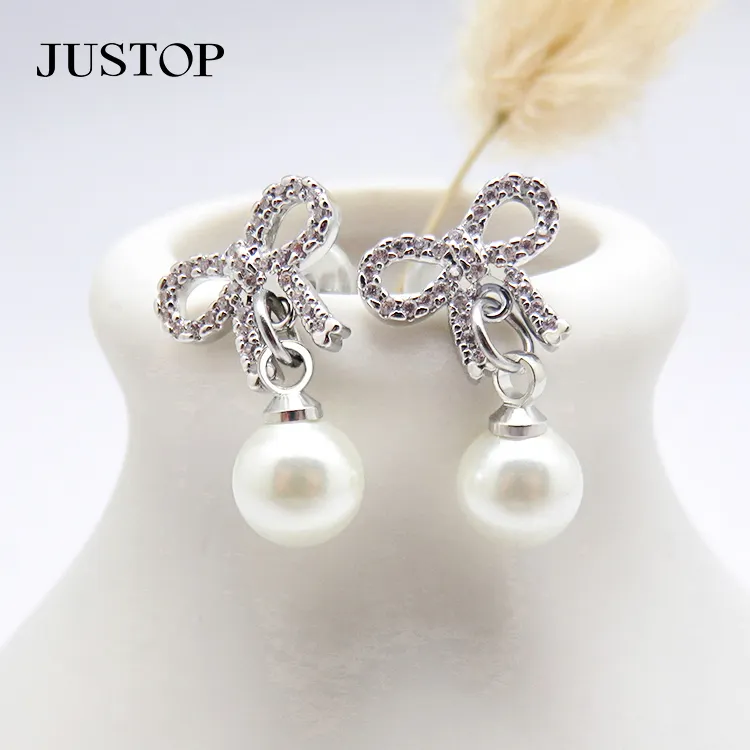 High Quality Geometric Bow Zircon Pearl Fashion Handmade Diamond Stud Silver Earrings For Women