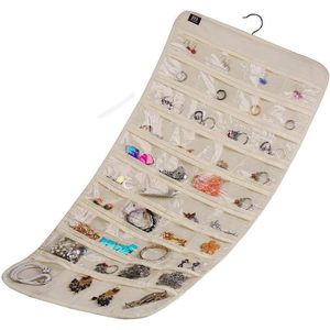 Organisateur de bijoux suspendu, 80 poches, beige, pour le rangement des boucles d'oreilles et des bagues, pour femmes et filles - Product Image 4